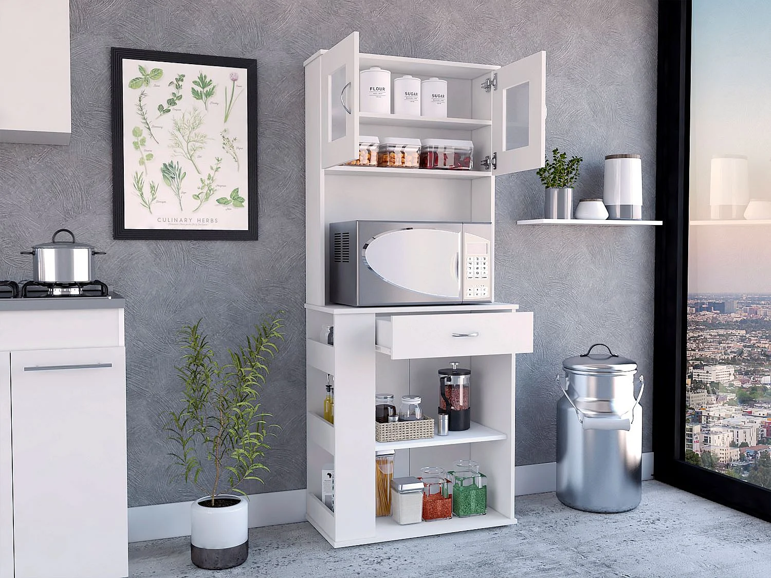 Capienza Mobile da cucina per microonde, con 1 cassetto e 2 ante, 169.92 cm X 69.85 cm X 34.79 cm , Bianco