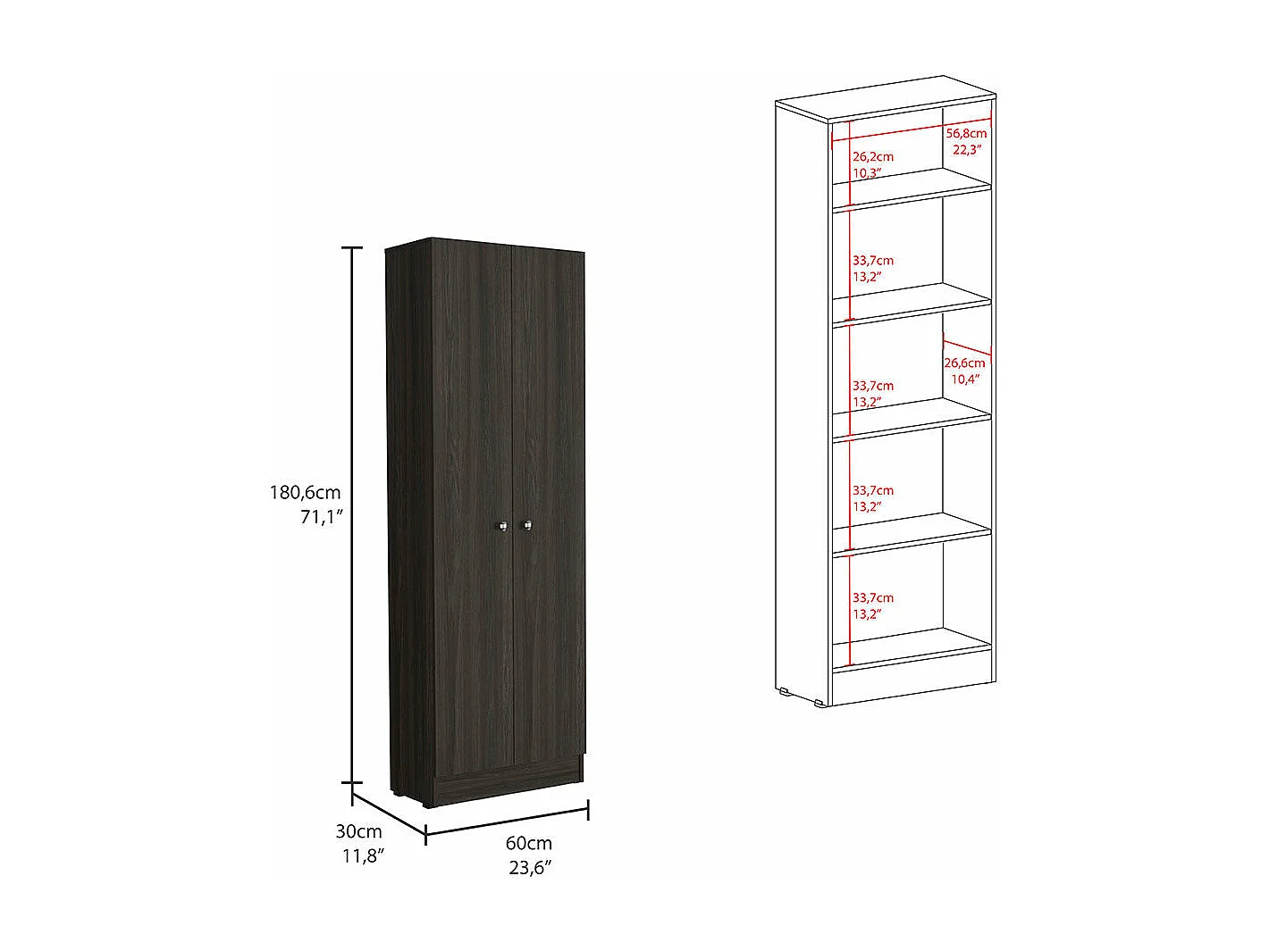 Armadio multifunzionale Z 60, con due ante e ripiani interni , 180.59 cm X 59.94 cm X 29.97 cm , Marrone