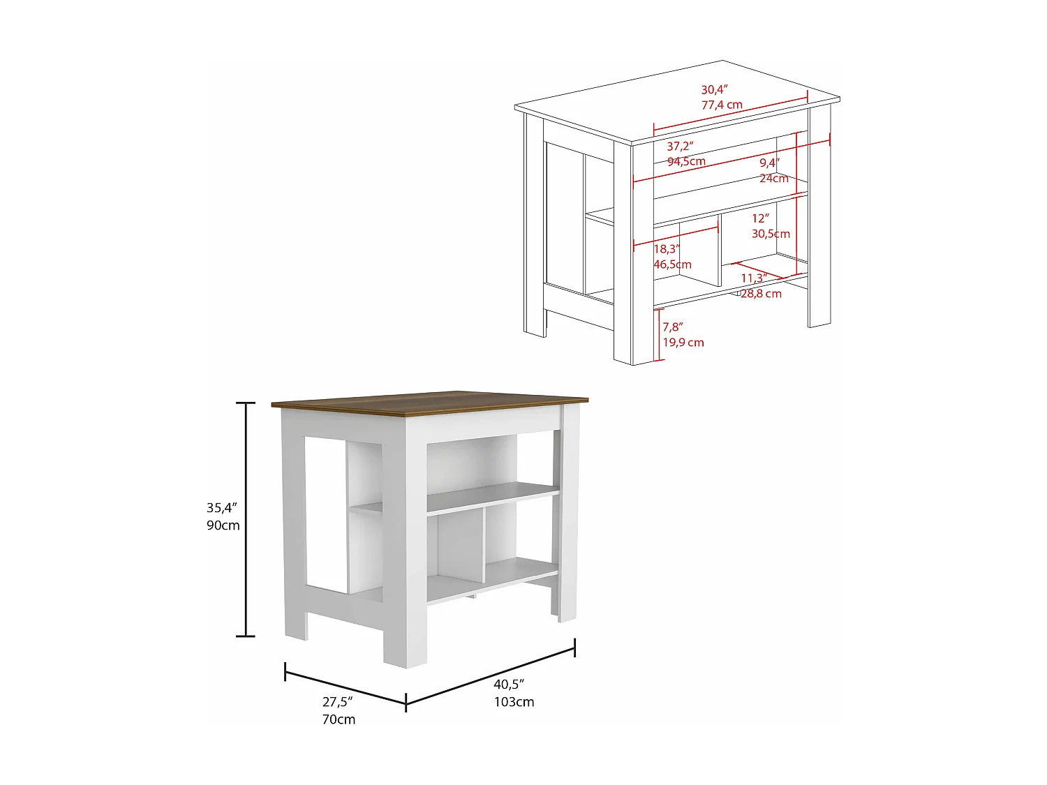 Conjunto Charlotte de Cocina, Isla de Cocina + Armario Multiusos , 35.4/180.6 cm Al X 40.5/60 cm An X 70/30 cm P