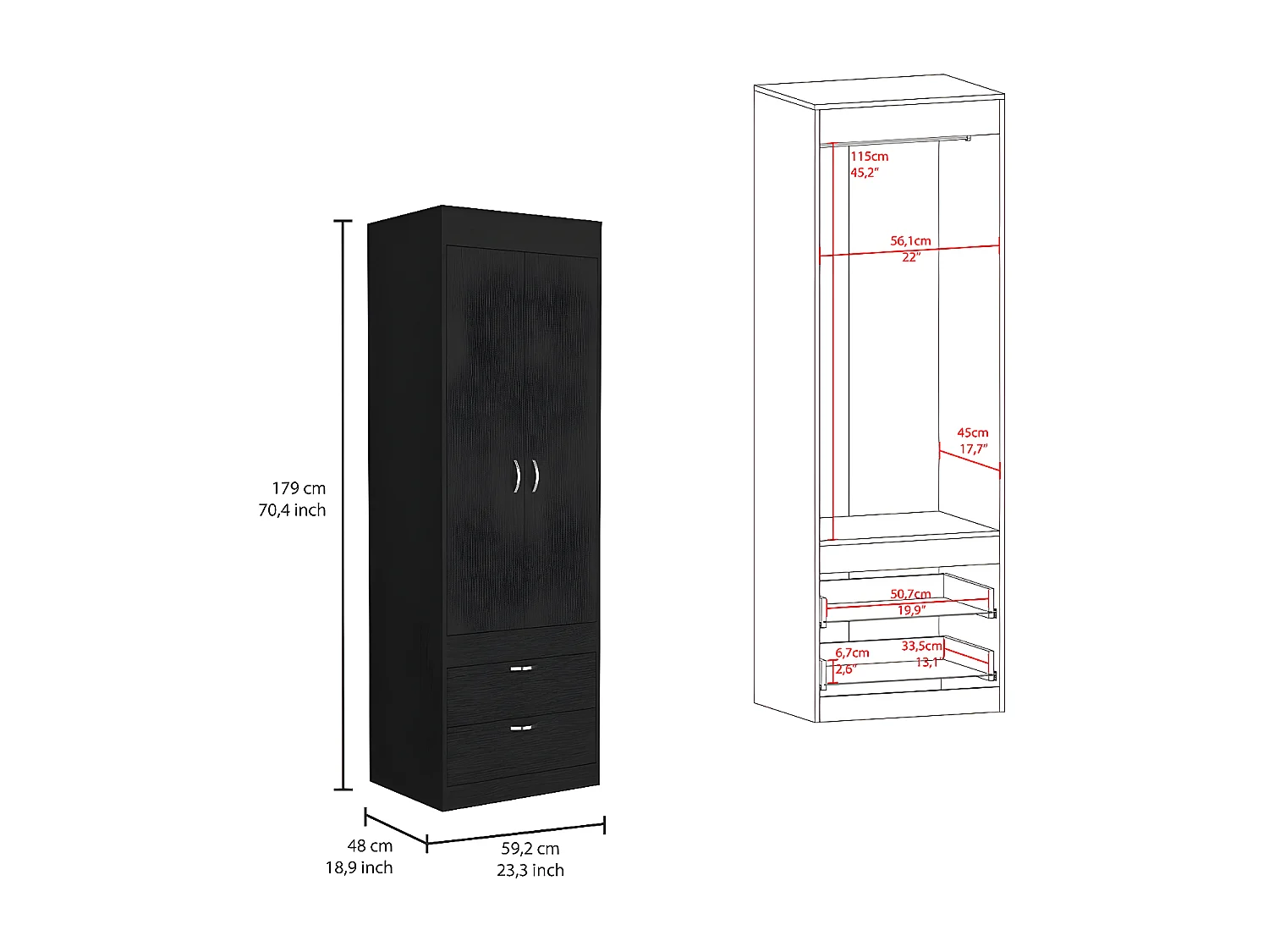 Armadio Lisboa, con 2 cassetti e appendiabiti , 178.81 cm X 59.18 cm X 48 cm , Nero