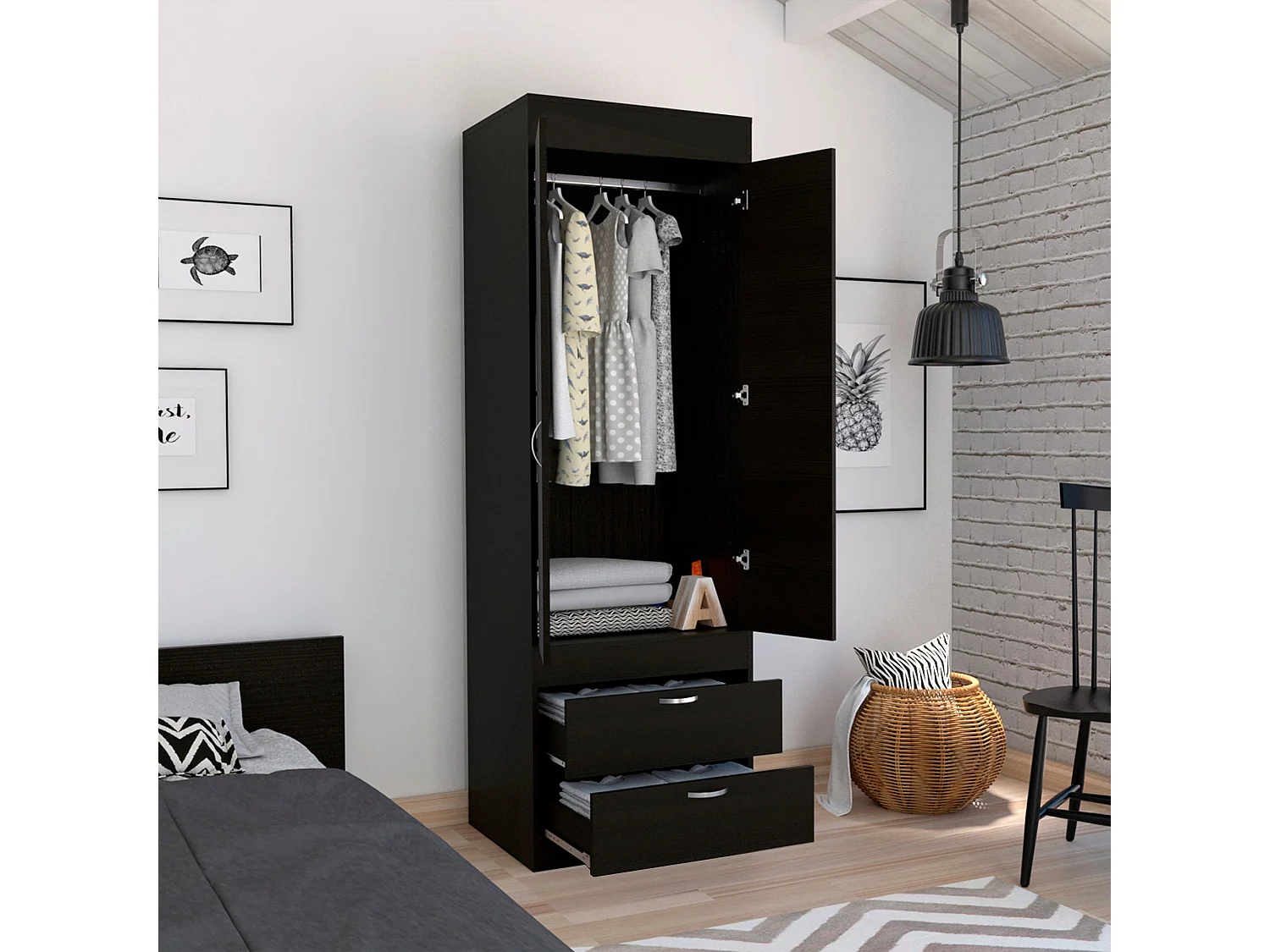 Armadio Lisboa, con 2 cassetti e appendiabiti , 178.81 cm X 59.18 cm X 48 cm , Nero