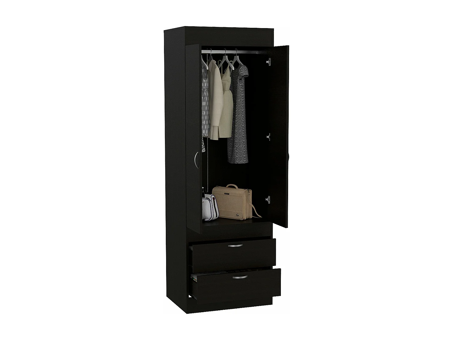 Armadio Lisboa, con 2 cassetti e appendiabiti , 178.81 cm X 59.18 cm X 48 cm , Nero