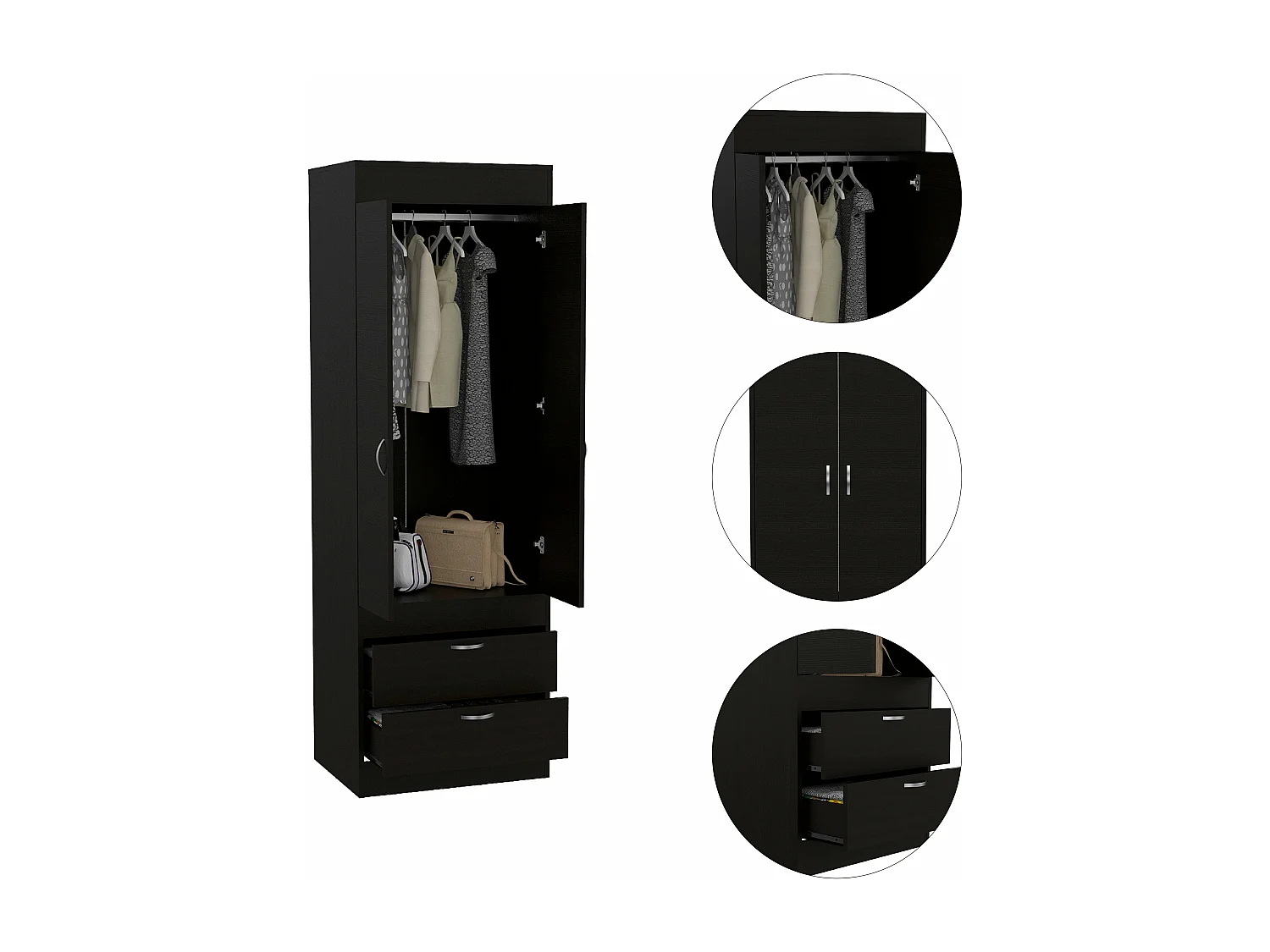 Armadio Lisboa, con 2 cassetti e appendiabiti , 178.81 cm X 59.18 cm X 48 cm , Nero