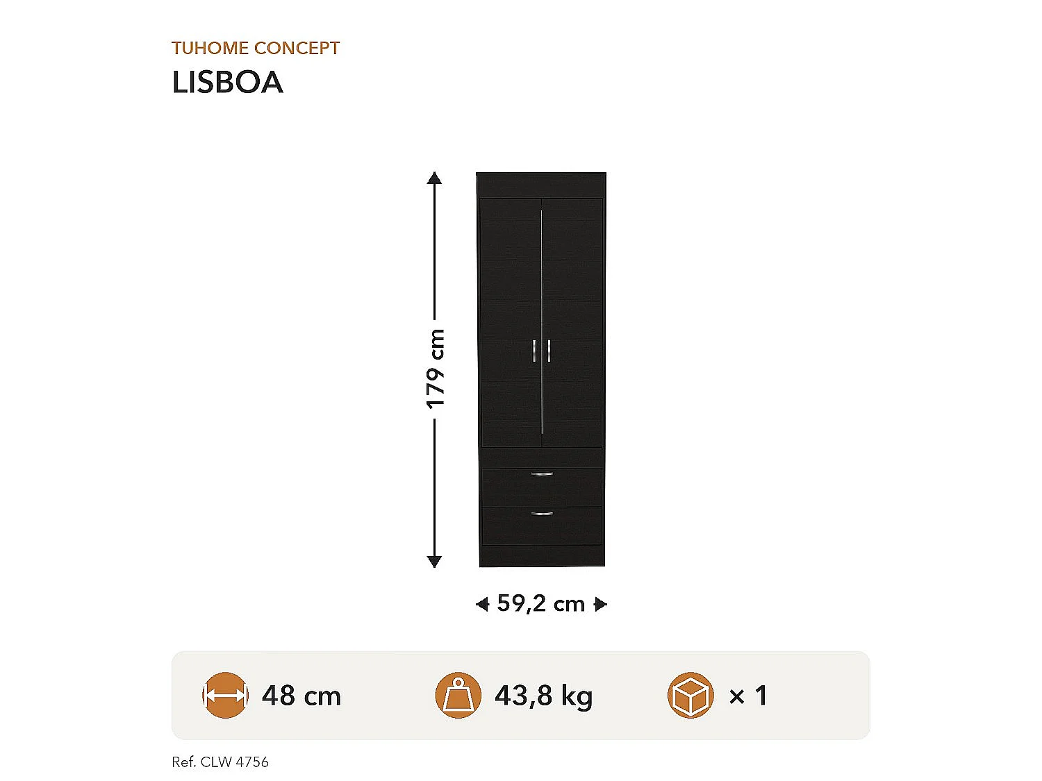 TUHOME CONCEPT Armadio Lisboa da 179 cm, wengé