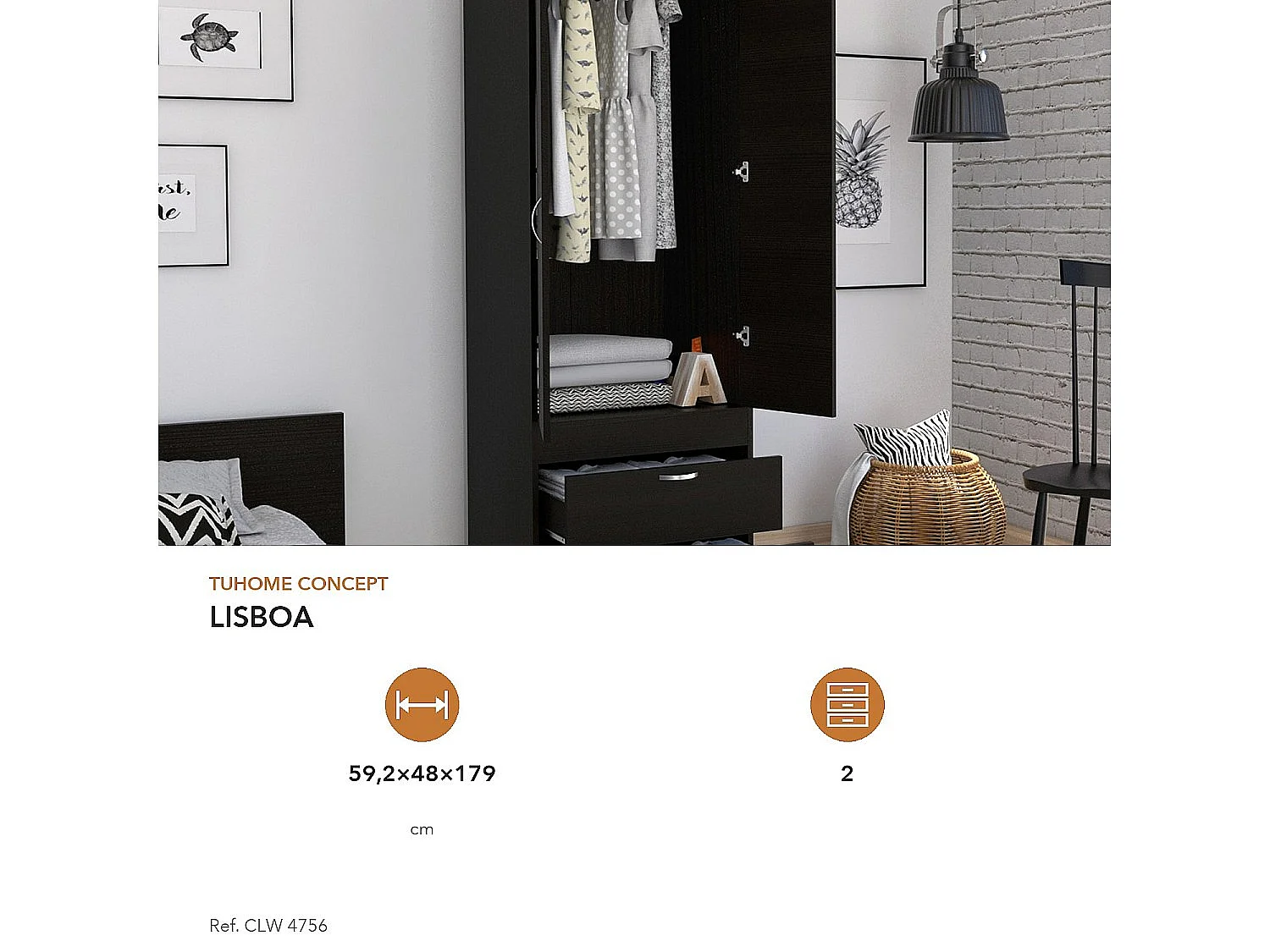 TUHOME CONCEPT Armadio Lisboa da 179 cm, wengé
