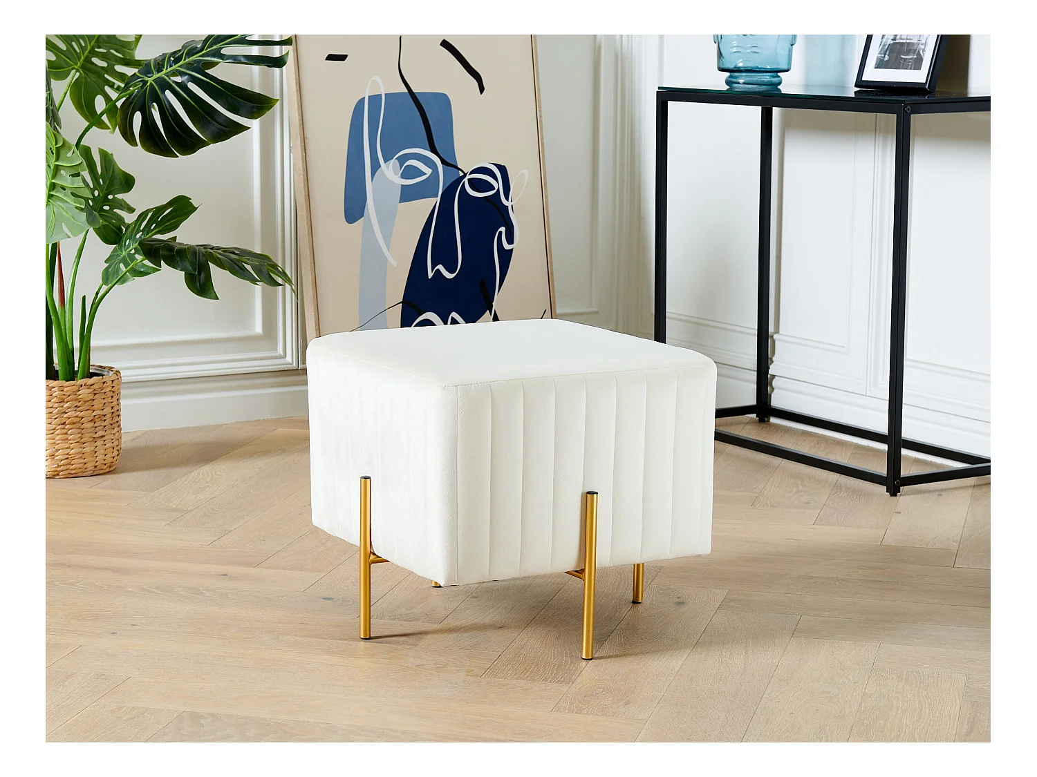 Tamborete em veludo creme 45 x 45 cm DAYTON