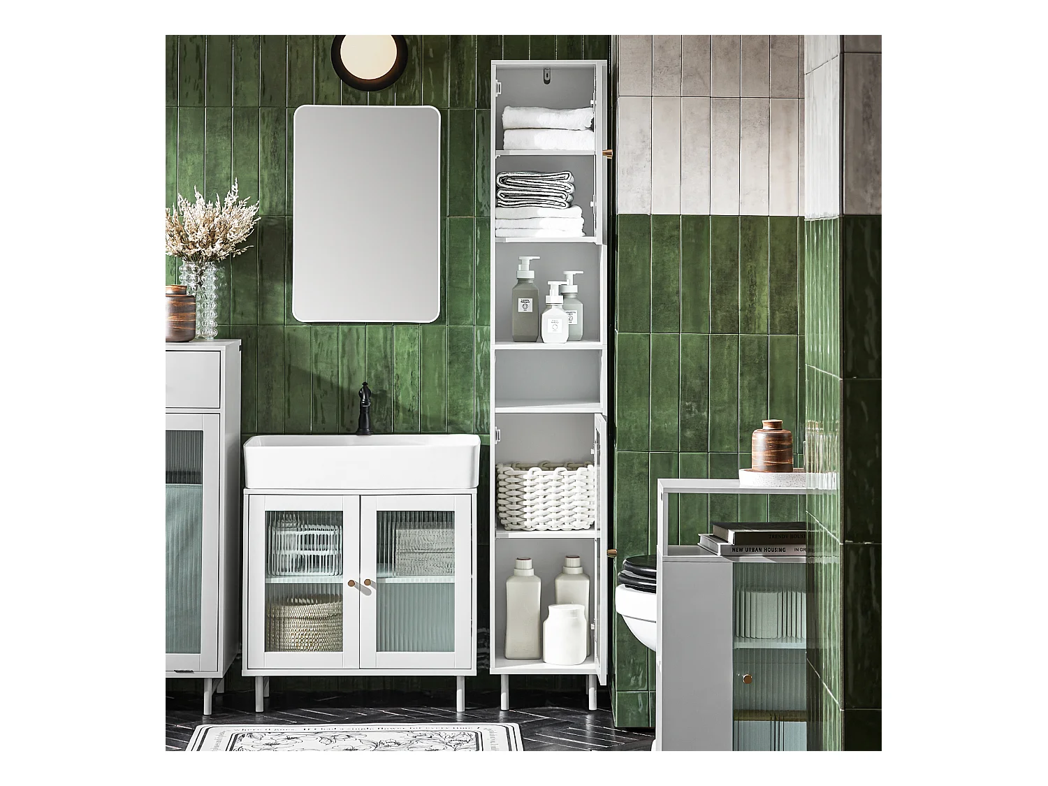 Mobile A Colonna Bagno Salvaspazio Mobile Alto Con Due Ante In Vetro Mobile Bagno Stretto Bianco 30x30x171 Cm BZR118-W SoBuy