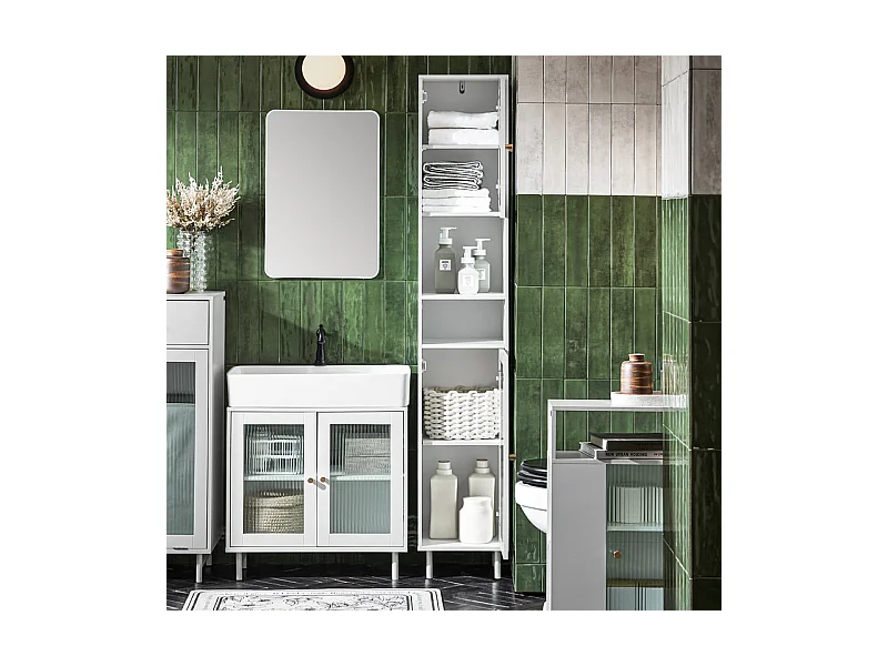 Mobile A Colonna Bagno Salvaspazio Mobile Alto Con Due Ante In Vetro Mobile Bagno Stretto Bianco 30x30x171 Cm BZR118-W SoBuy