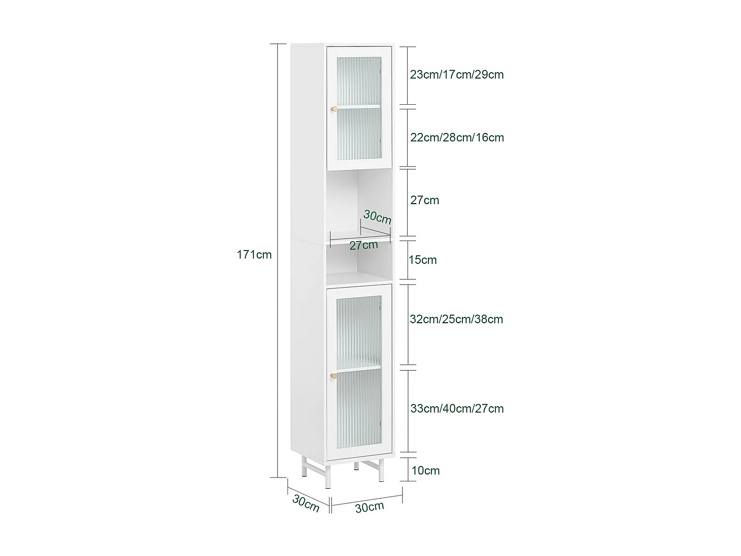 SoBuy BZR118-W Meuble Colonne de Salle de Bain Armoire Haute Placard de Rangement avec 2 Portes en Verre, 2 Compartiments Ouverts, Blanc