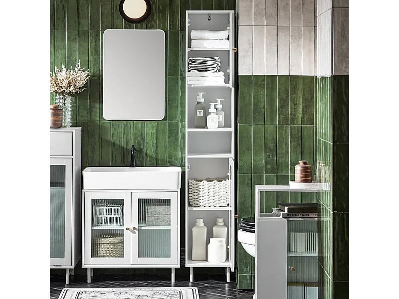 SoBuy BZR118-W Meuble Colonne de Salle de Bain Armoire Haute Placard de Rangement avec 2 Portes en Verre, 2 Compartiments Ouverts, Blanc
