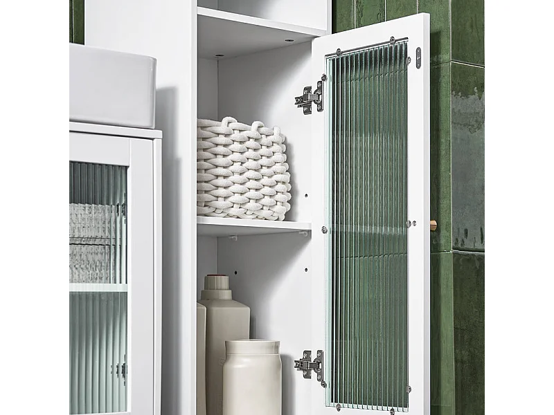 SoBuy BZR118-W Meuble Colonne de Salle de Bain Armoire Haute Placard de Rangement avec 2 Portes en Verre, 2 Compartiments Ouverts, Blanc