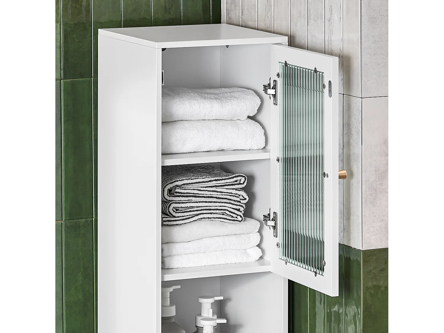 SoBuy BZR118-W Meuble Colonne de Salle de Bain Armoire Haute Placard de Rangement avec 2 Portes en Verre, 2 Compartiments Ouverts, Blanc