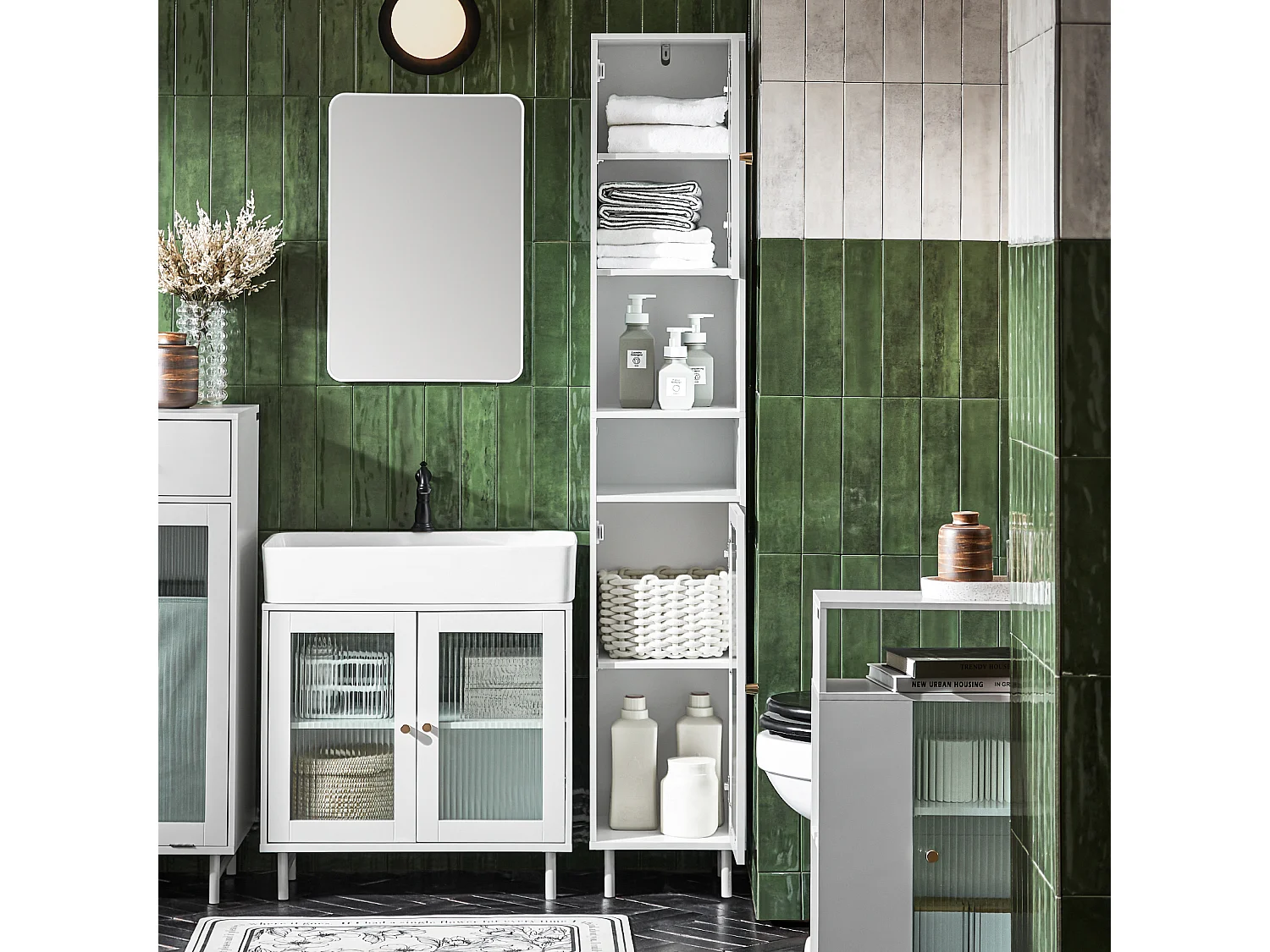 SoBuy BZR118-W Meuble Colonne de Salle de Bain Armoire Haute Placard de Rangement avec 2 Portes en Verre, 2 Compartiments Ouverts, Blanc