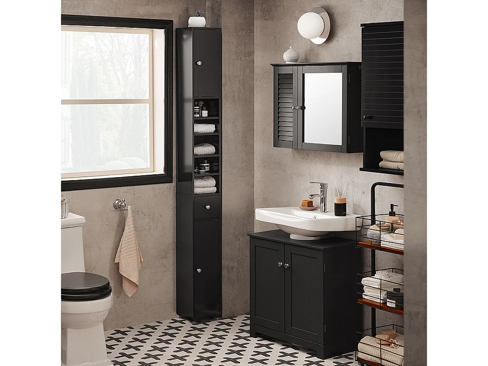 SoBuy BZR34-SCH Meuble de Rangement Salle d Bain Meuble Colonne Armoire de Toilette Meuble WC L20xP20xH180cm – Noir