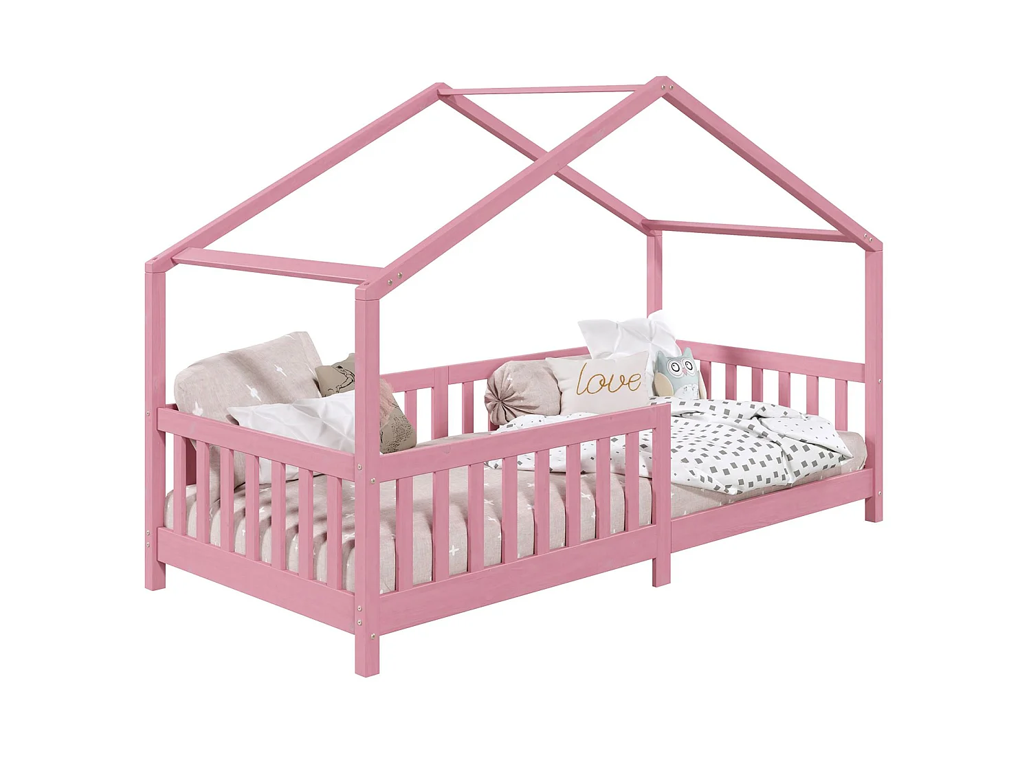 Lit cabane enfant 90x190 cm LISAN lit Simple montessori avec Barrières de Protection en Bois Massif lasuré rose
