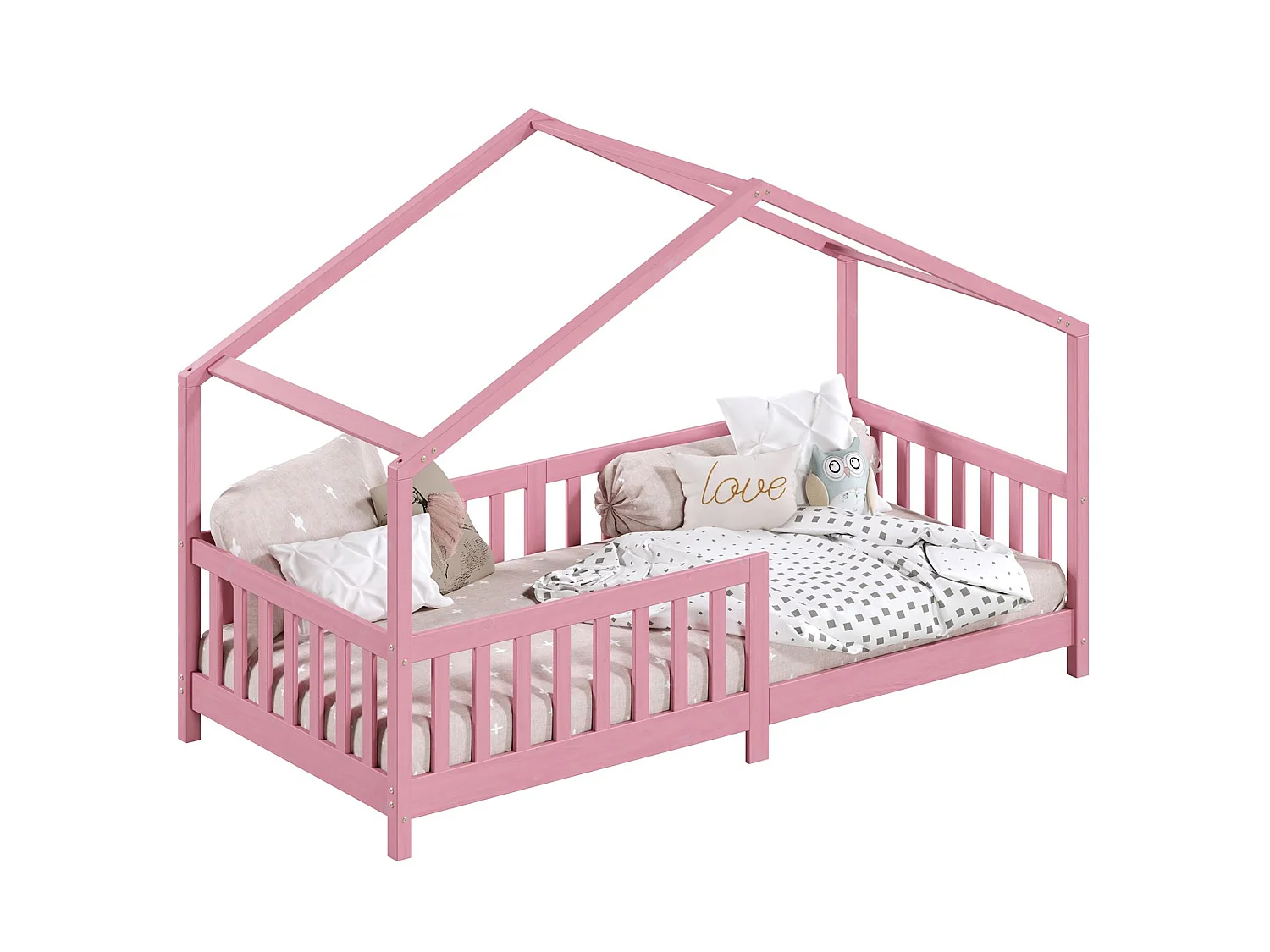 Lit cabane enfant 90x190 cm LISAN lit Simple montessori avec Barrières de Protection en Bois Massif lasuré rose