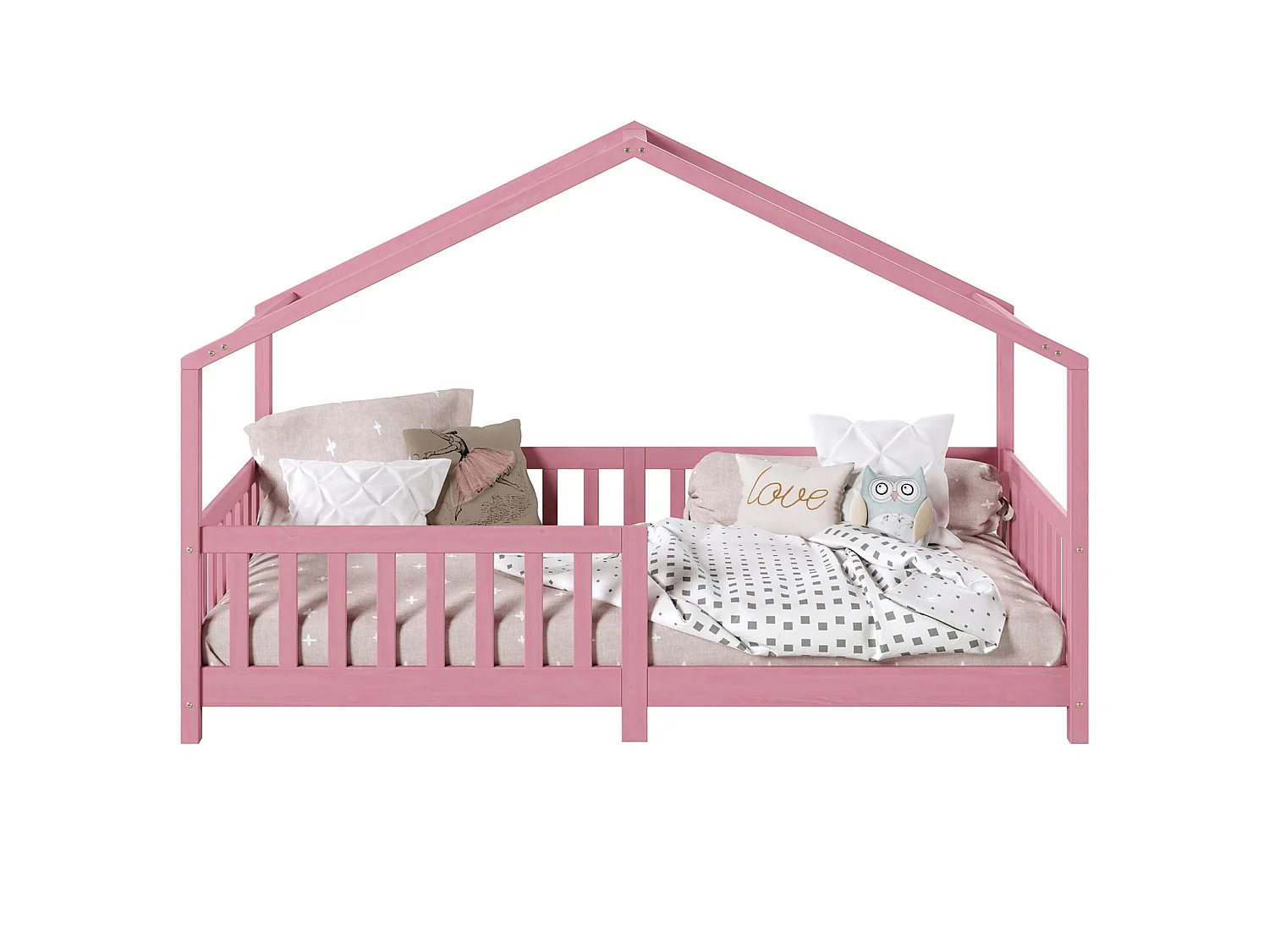 Lit cabane enfant 90x190 cm LISAN lit Simple montessori avec Barrières de Protection en Bois Massif lasuré rose