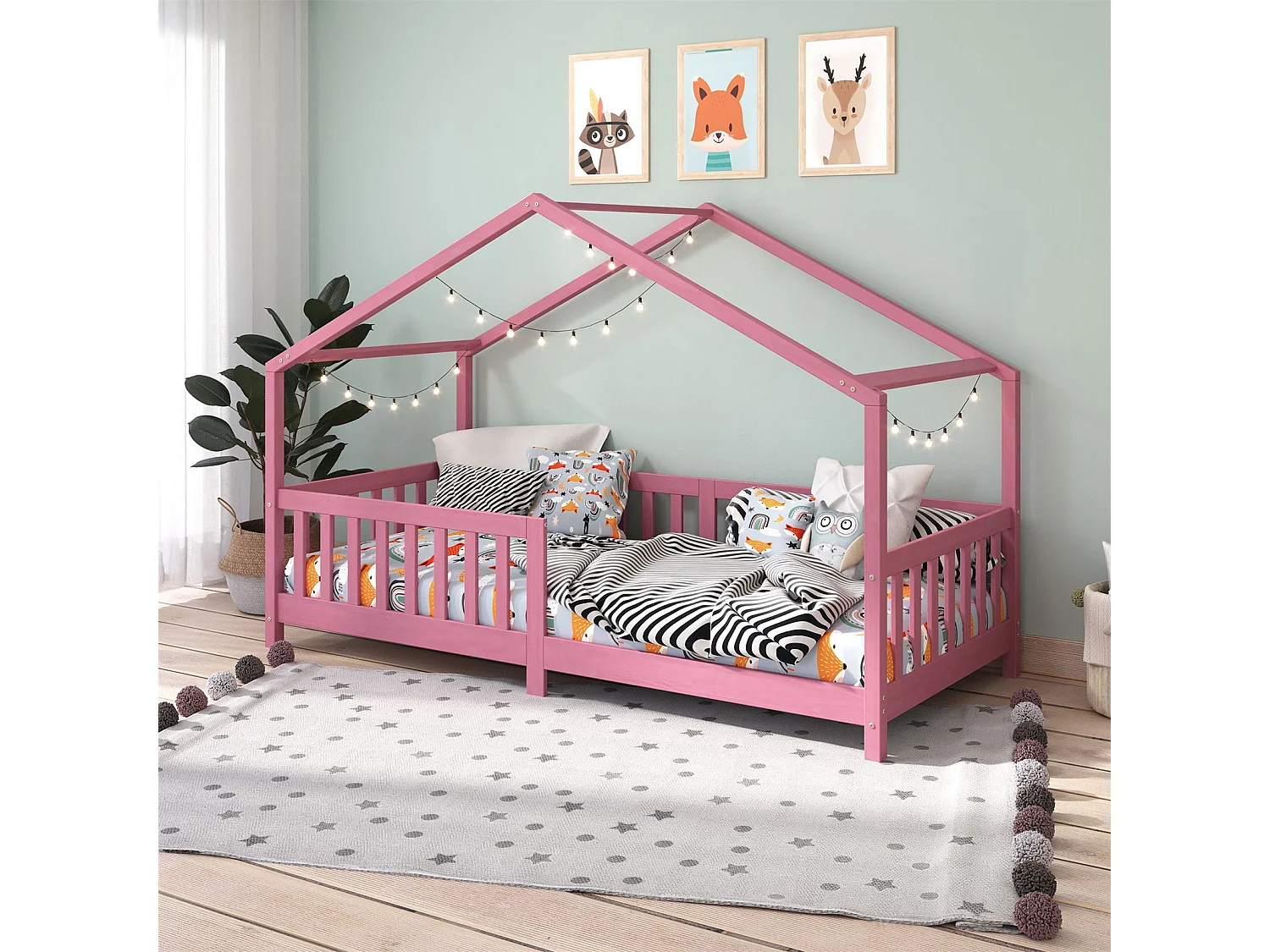Lit cabane enfant 90x190 cm LISAN lit Simple montessori avec Barrières de Protection en Bois Massif lasuré rose