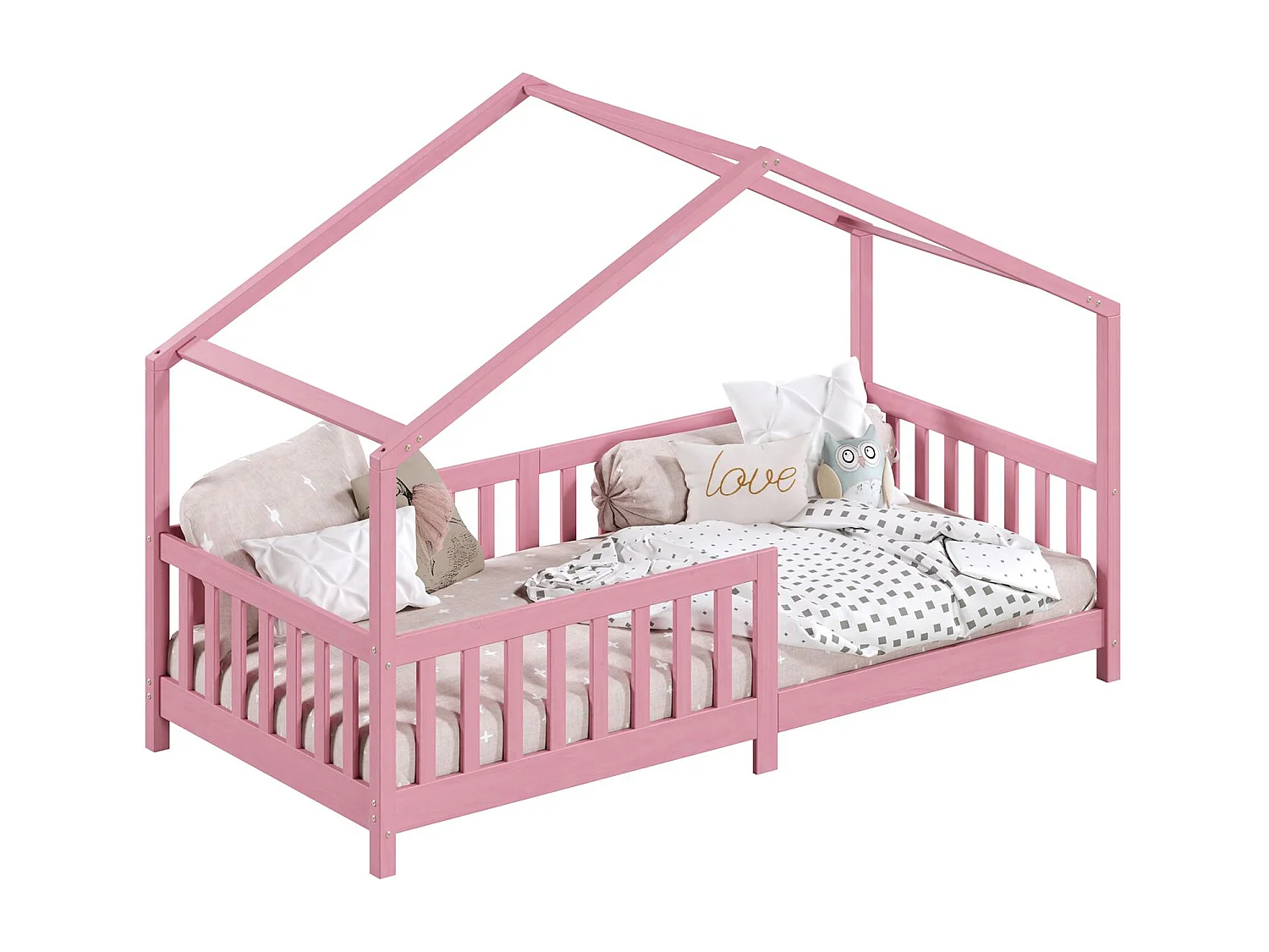 Lit cabane enfant 90x190 cm LISAN lit Simple montessori avec Barrières de Protection en Bois Massif lasuré rose