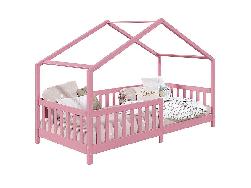 Lit cabane enfant 90x190 cm LISAN lit Simple montessori avec Barrières de Protection en Bois Massif lasuré rose
