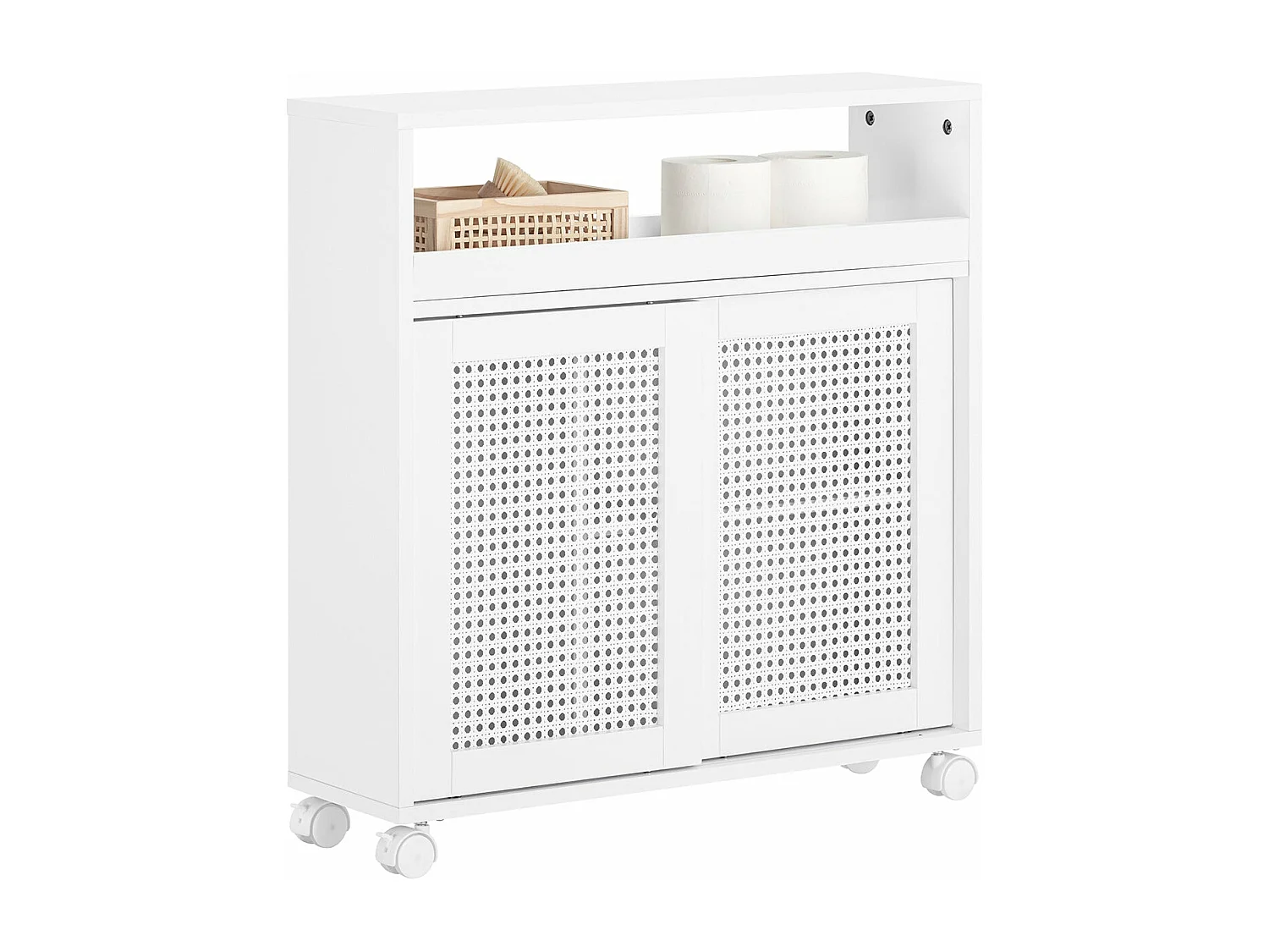 Mobile Nicchia Con Ruote Carrellino Salvaspazio Con Due Ante Scorrevoli In Rattan Mobile Bagno Bianco 20x65x70cm BZR119-W SoBuy