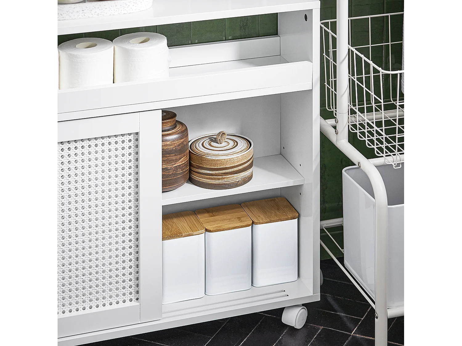 Mobile Nicchia Con Ruote Carrellino Salvaspazio Con Due Ante Scorrevoli In Rattan Mobile Bagno Bianco 20x65x70cm BZR119-W SoBuy