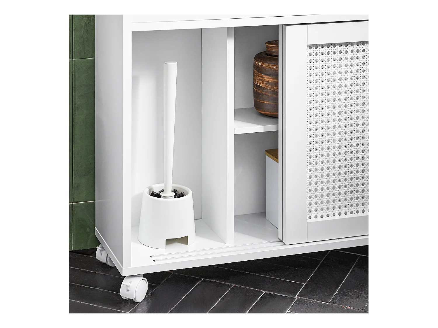 Mobile Nicchia Con Ruote Carrellino Salvaspazio Con Due Ante Scorrevoli In Rattan Mobile Bagno Bianco 20x65x70cm BZR119-W SoBuy