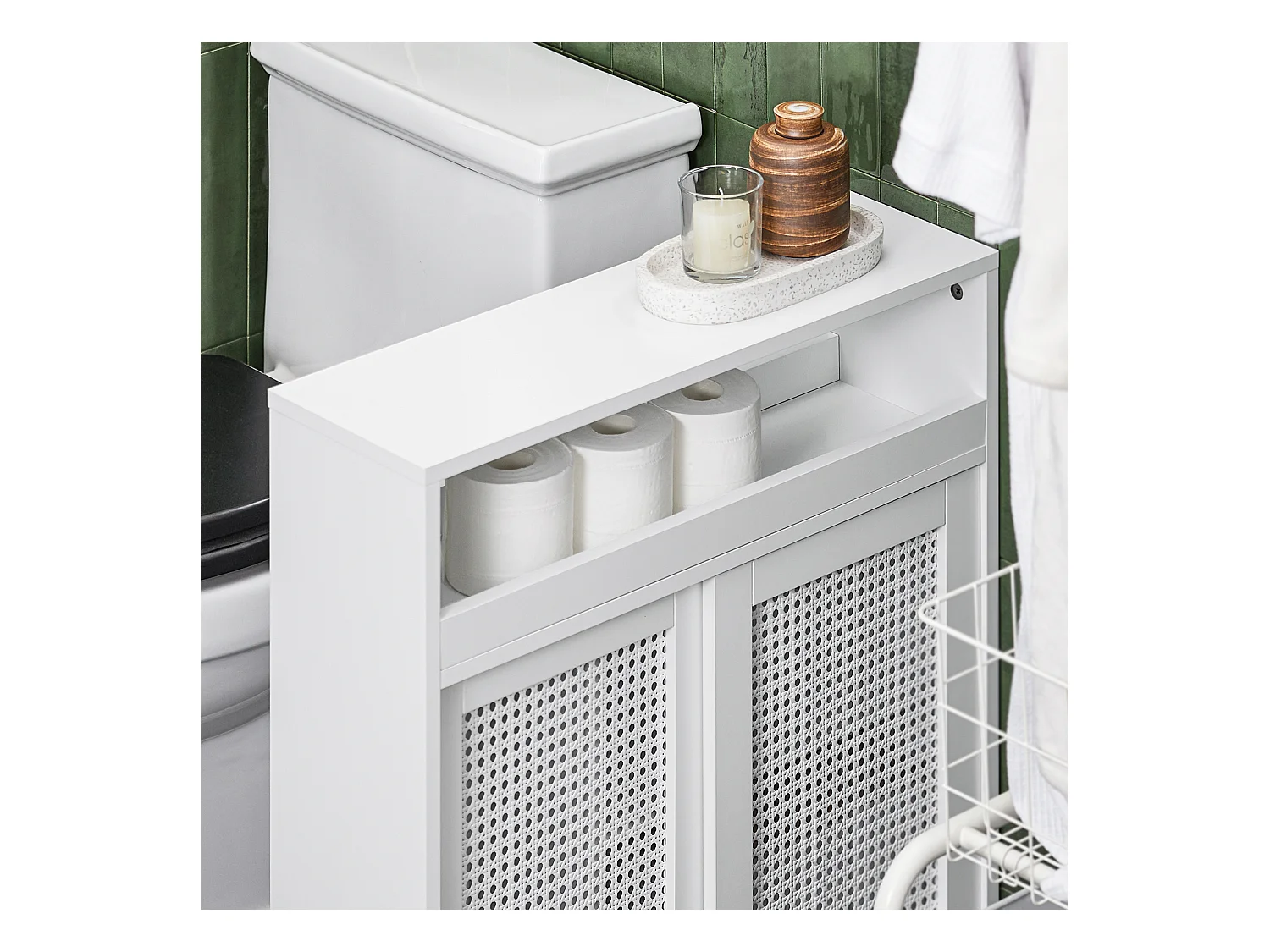 Mobile Nicchia Con Ruote Carrellino Salvaspazio Con Due Ante Scorrevoli In Rattan Mobile Bagno Bianco 20x65x70cm BZR119-W SoBuy