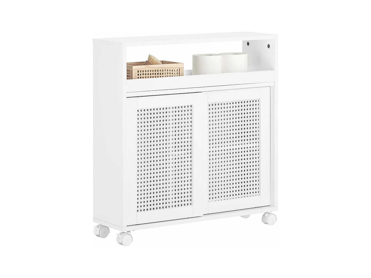 SoBuy BZR119-W Armoire WC Toilettes Compact Roulante sur Roulettes, Support Papier Toilette avec 2 Portes Coulissantes en Ploy Rotin