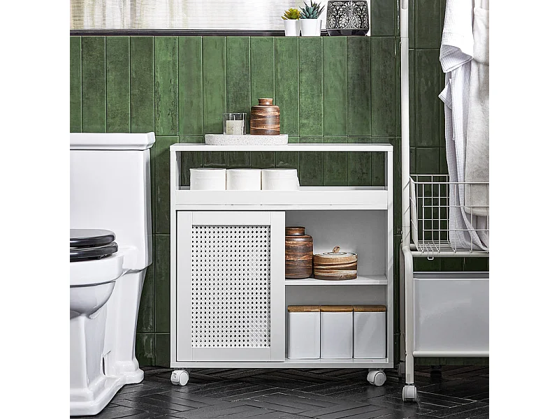 SoBuy BZR119-W Armoire WC Toilettes Compact Roulante sur Roulettes, Support Papier Toilette avec 2 Portes Coulissantes en Ploy Rotin