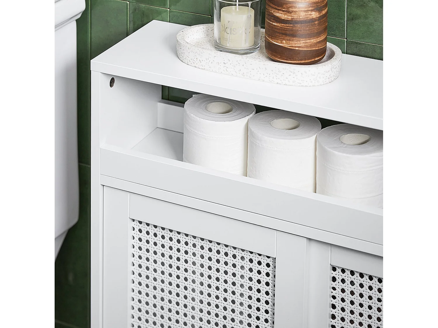 SoBuy BZR119-W Armoire WC Toilettes Compact Roulante sur Roulettes, Support Papier Toilette avec 2 Portes Coulissantes en Ploy Rotin