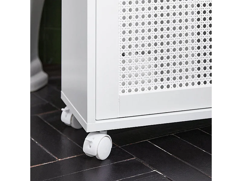 SoBuy BZR119-W Armoire WC Toilettes Compact Roulante sur Roulettes, Support Papier Toilette avec 2 Portes Coulissantes en Ploy Rotin