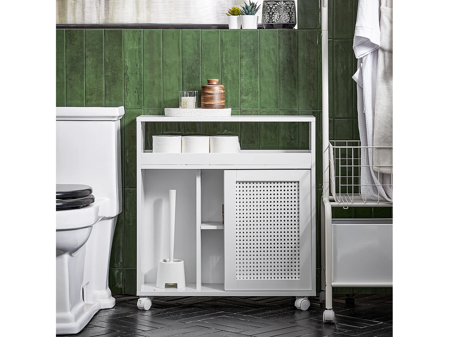 SoBuy BZR119-W Armoire WC Toilettes Compact Roulante sur Roulettes, Support Papier Toilette avec 2 Portes Coulissantes en Ploy Rotin