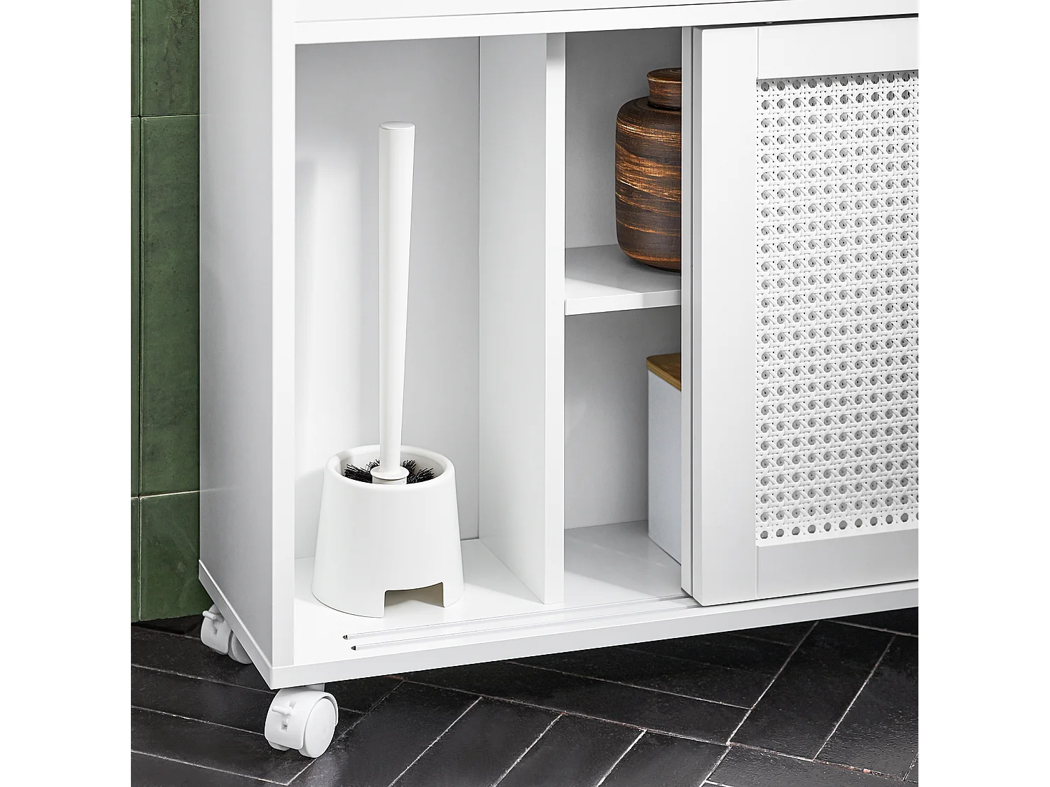 SoBuy BZR119-W Armoire WC Toilettes Compact Roulante sur Roulettes, Support Papier Toilette avec 2 Portes Coulissantes en Ploy Rotin