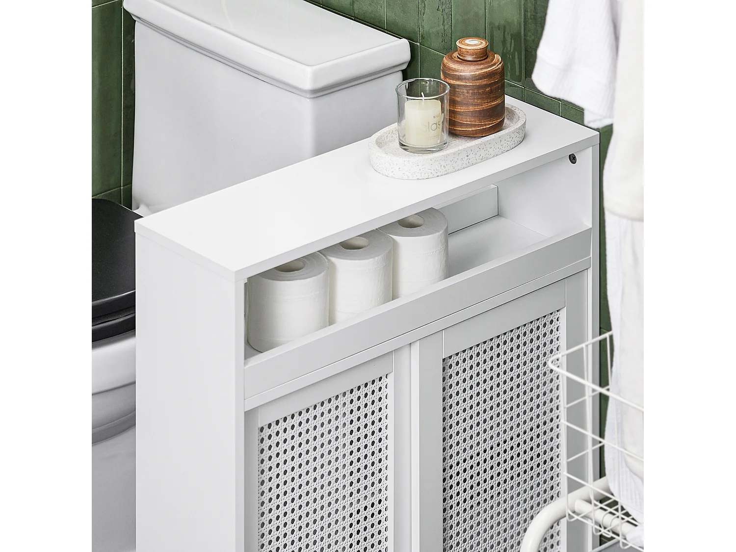 SoBuy BZR119-W Armoire WC Toilettes Compact Roulante sur Roulettes, Support Papier Toilette avec 2 Portes Coulissantes en Ploy Rotin