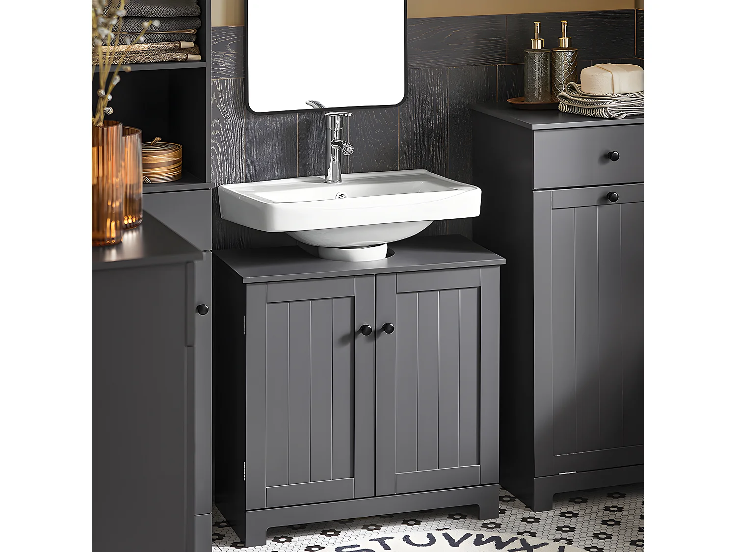 SoBuy BZR18-II-DG Meuble Sous-Lavabo à 2 étages et 2 portes meuble de rangement de salle de bain - L60cm x P30cm x H60cm