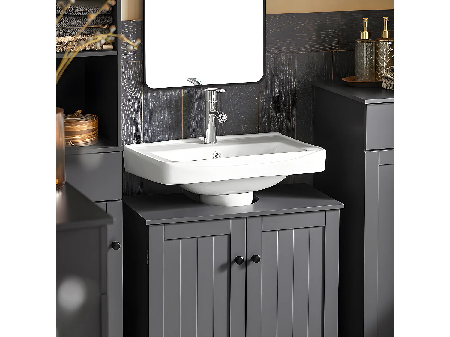 SoBuy BZR18-II-DG Meuble Sous-Lavabo à 2 étages et 2 portes meuble de rangement de salle de bain - L60cm x P30cm x H60cm