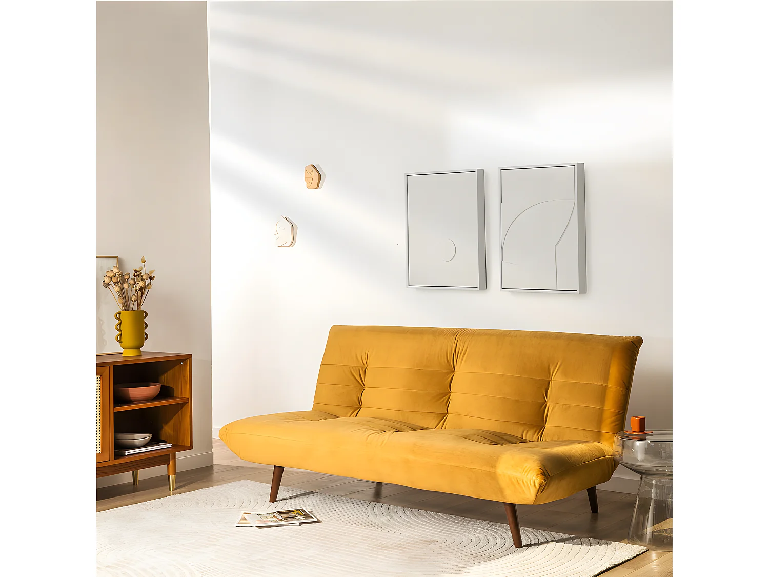 Tommy - Canapé convertible 3 places en velours - Jaune moutarde