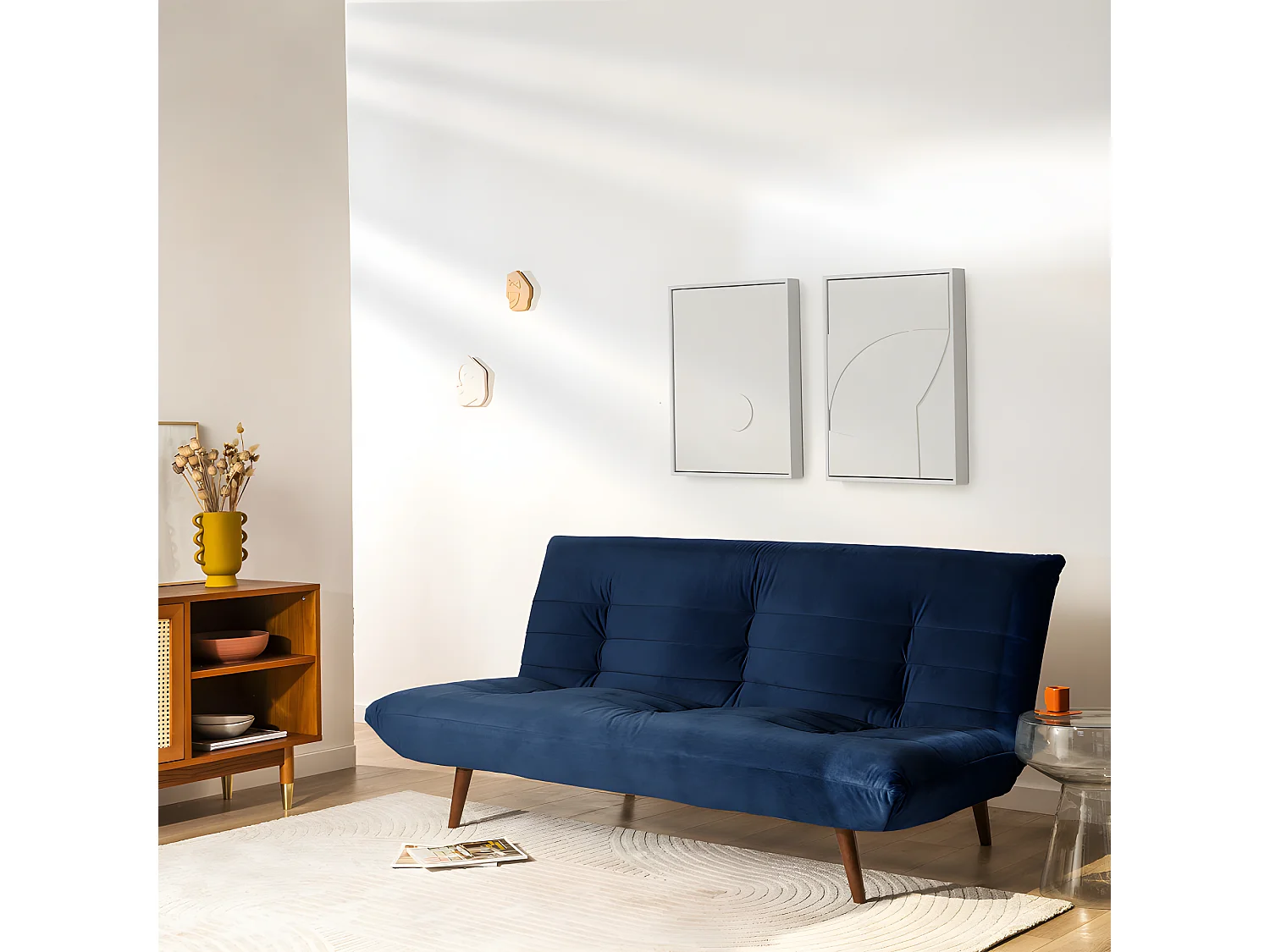 Tommy - Canapé convertible 3 places en velours - Bleu marine