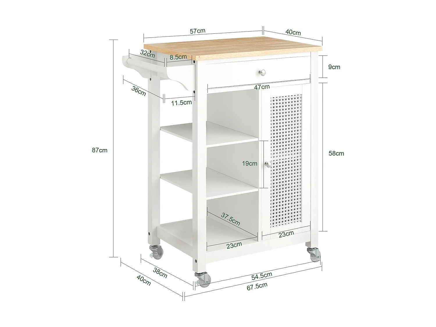 Carrello Cucina Con Cassetti Credenza Cucina Con Ruote Moderno Mobiletto Cucina Salvaspazio Piano Lavoro In Legno L67.5*P40*A87 Cm Bianco FKW46-II-WN SoBuy
