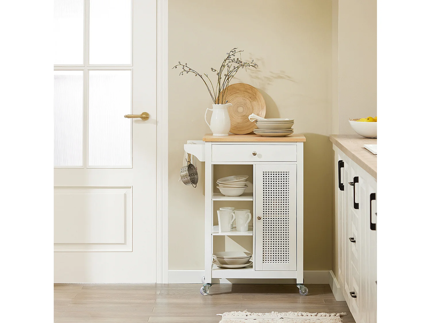 Carrello Cucina Con Cassetti Credenza Cucina Con Ruote Moderno Mobiletto Cucina Salvaspazio Piano Lavoro In Legno L67.5*P40*A87 Cm Bianco FKW46-II-WN SoBuy