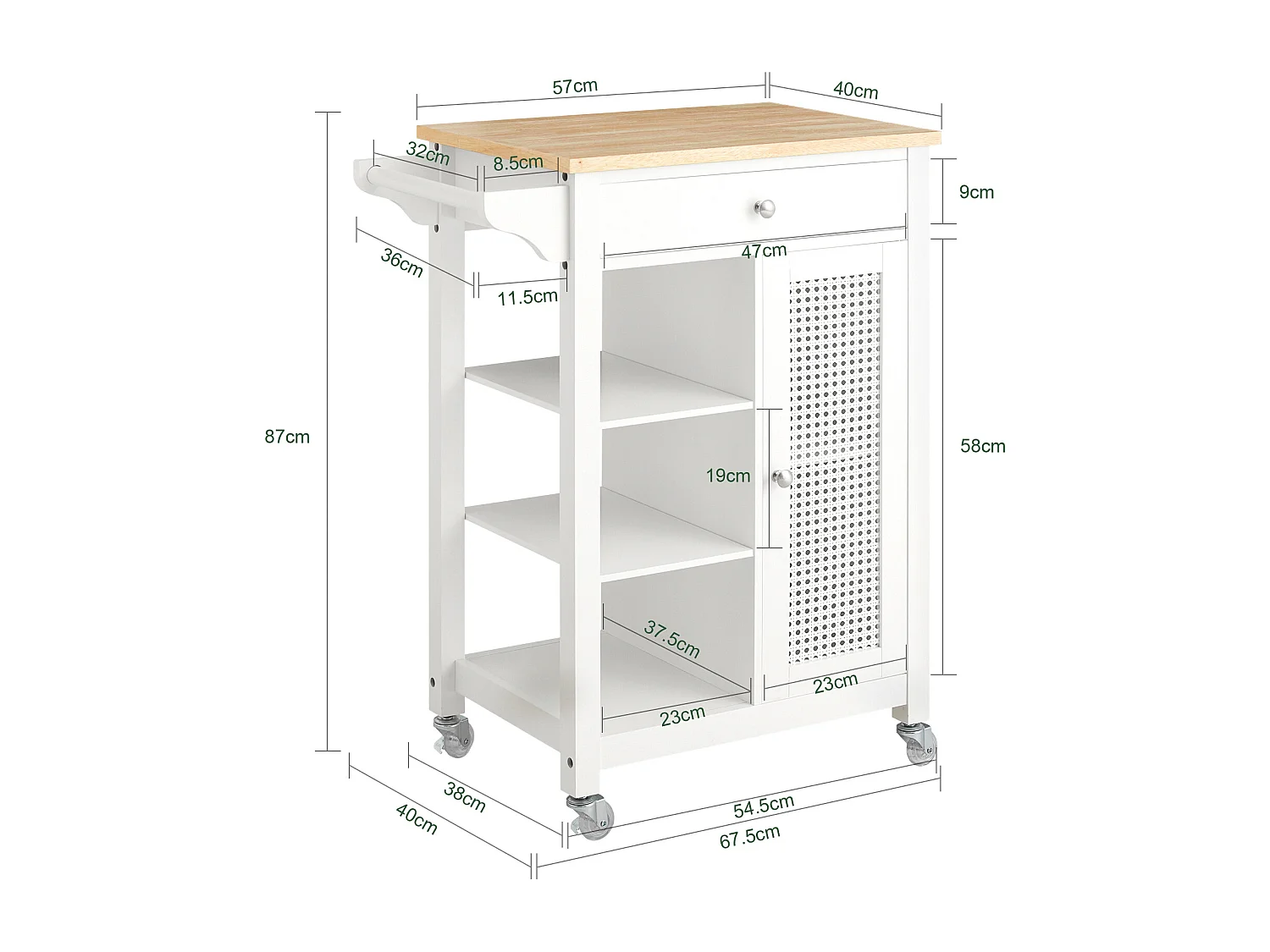 Carrello Cucina Con Cassetti Credenza Cucina Con Ruote Moderno Mobiletto Cucina Salvaspazio Piano Lavoro In Legno L67.5*P40*A87 Cm Bianco FKW46-II-WN SoBuy