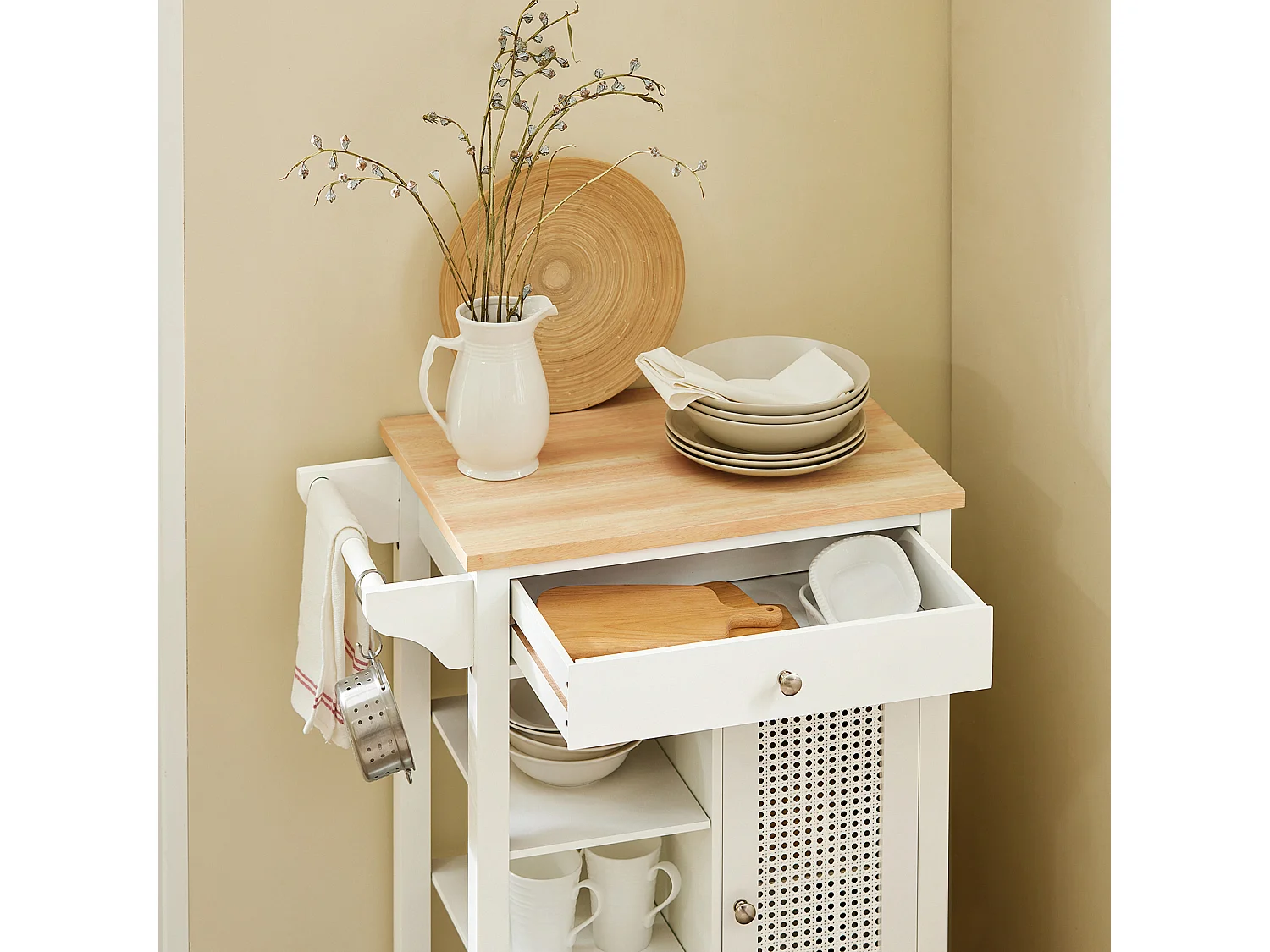 Carrello Cucina Con Cassetti Credenza Cucina Con Ruote Moderno Mobiletto Cucina Salvaspazio Piano Lavoro In Legno L67.5*P40*A87 Cm Bianco FKW46-II-WN SoBuy