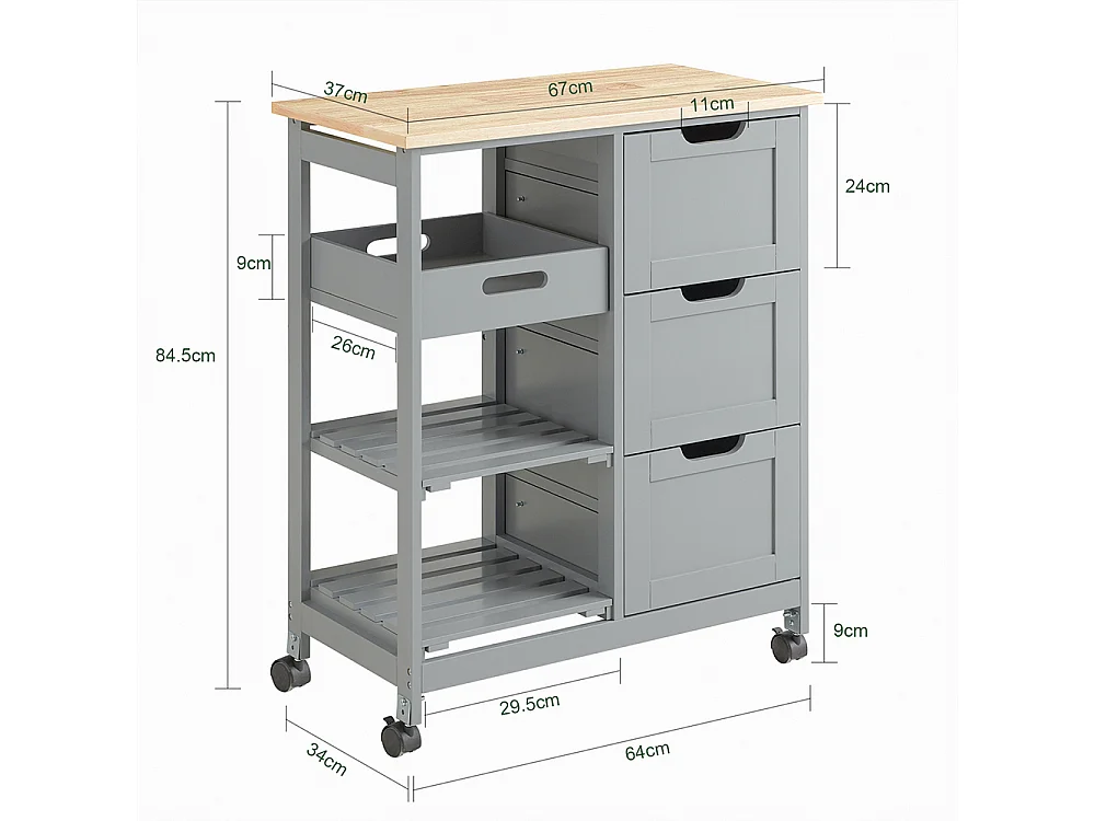 SoBuy FKW79-HG Serveerwagen Keukentrolley op Wielen Roltafel Opbergmeubel voor Keuken en Woonkamer L67Xp37xH84,5cm