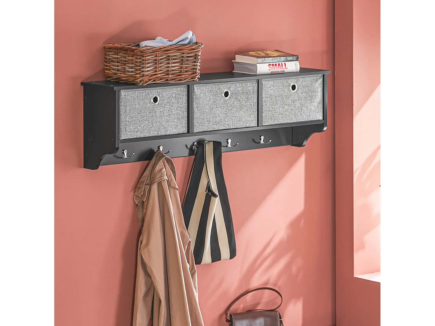 SoBuy FRG282-SCH Portemanteau Mural Étagère 3 Tiroirs Meuble d’entrée Penderie mural Noir