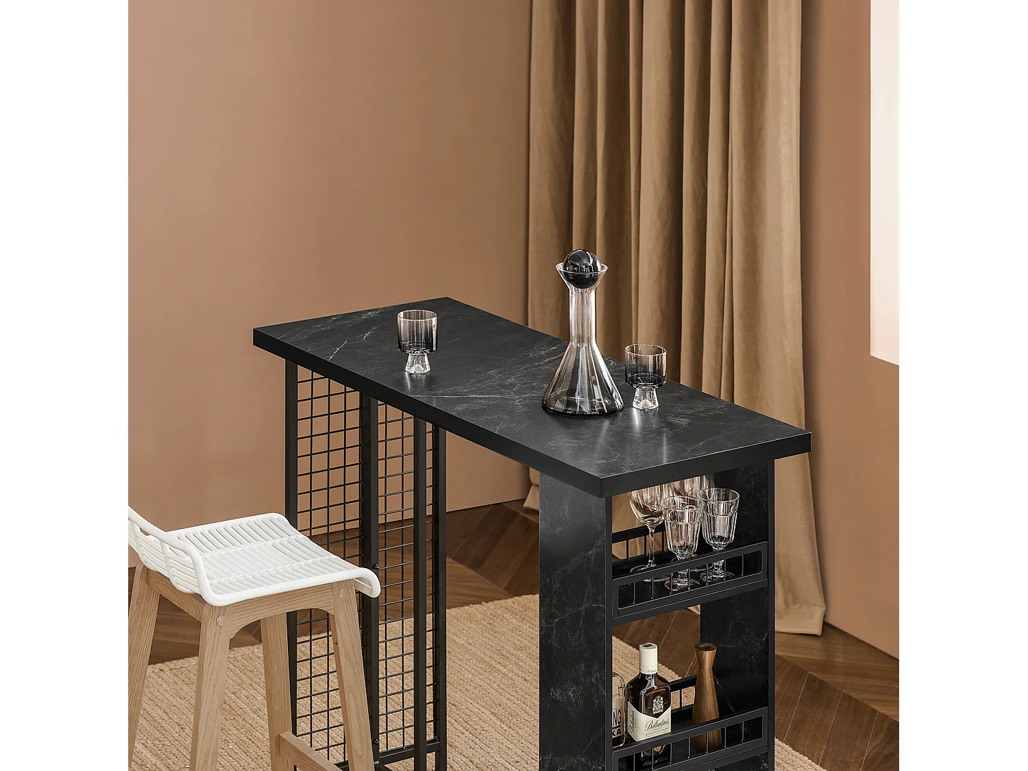 SoBuy FWT100-SCH Design Bartafel, Eettafel, Keukentafel, Bistrotafel met 3 Planken, Hoge Tafel met Houders voor Wijnglazen en Flessen