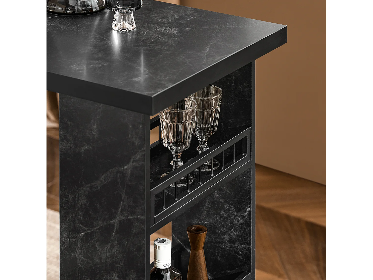 SoBuy FWT100-SCH Design Bartafel, Eettafel, Keukentafel, Bistrotafel met 3 Planken, Hoge Tafel met Houders voor Wijnglazen en Flessen