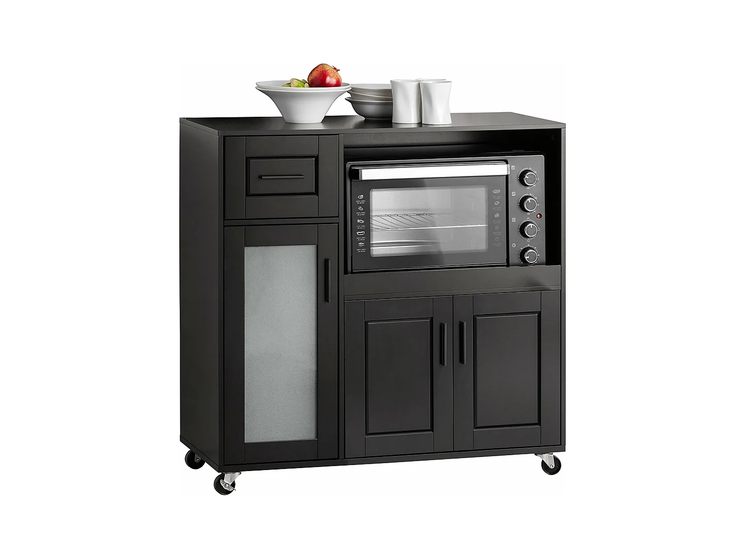 SoBuy FSB78-SCH Meuble Micro-Ondes Buffet Commode sur roulettes Armoire avec 3 Portes, 1 Tiroir, 1 Compartiment, pour Cuisine, Salle à Manger, Salon