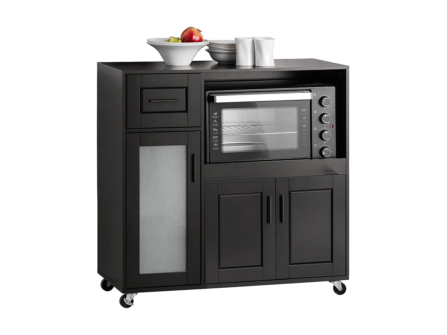 SoBuy FSB78-SCH Meuble Micro-Ondes Buffet Commode sur roulettes Armoire avec 3 Portes, 1 Tiroir, 1 Compartiment, pour Cuisine, Salle à Manger, Salon