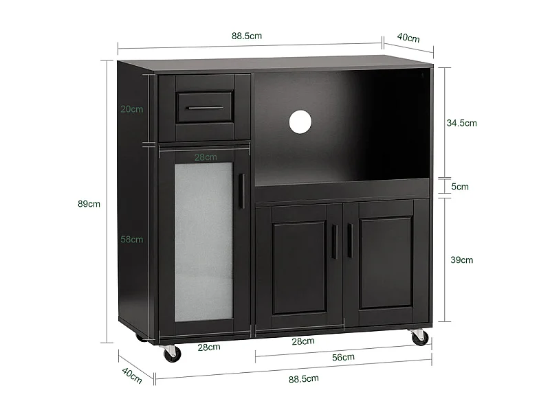 SoBuy FSB78-SCH Meuble Micro-Ondes Buffet Commode sur roulettes Armoire avec 3 Portes, 1 Tiroir, 1 Compartiment, pour Cuisine, Salle à Manger, Salon